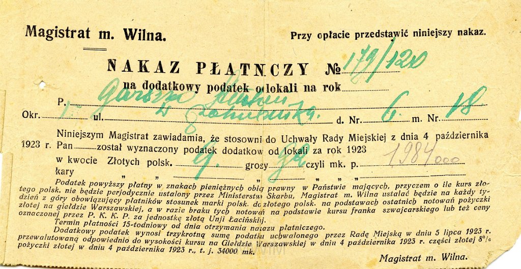 KKE 5687.jpg - Dok. Wpłata mieszkaniowa Antoniego Graszko, Wilno, 21 XI 1925 r.